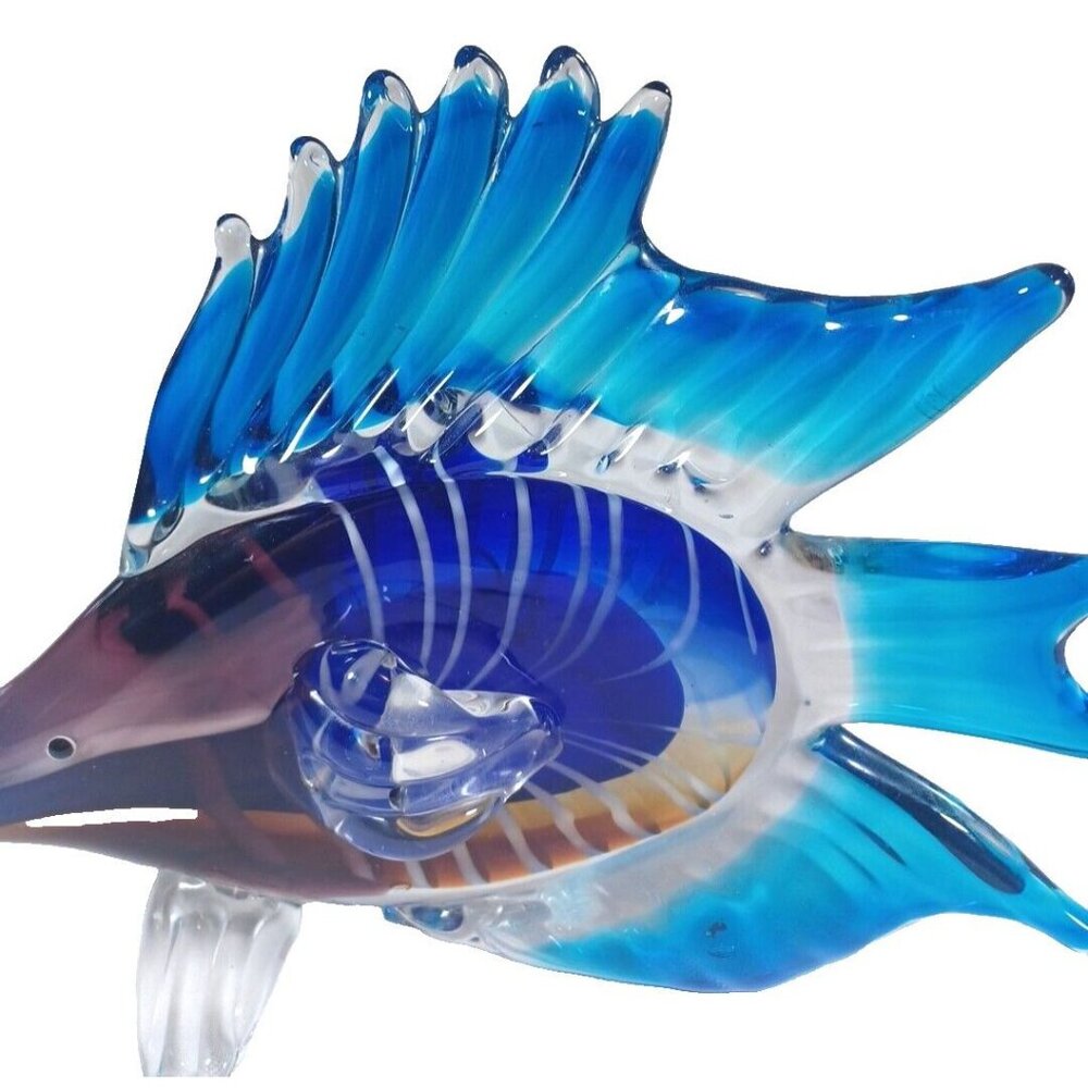 Large Rare Tetra Cobalt Turquoise Angel Fish Murano Sculpture 10" X 8.5 Vintage - Picture 5 of 14